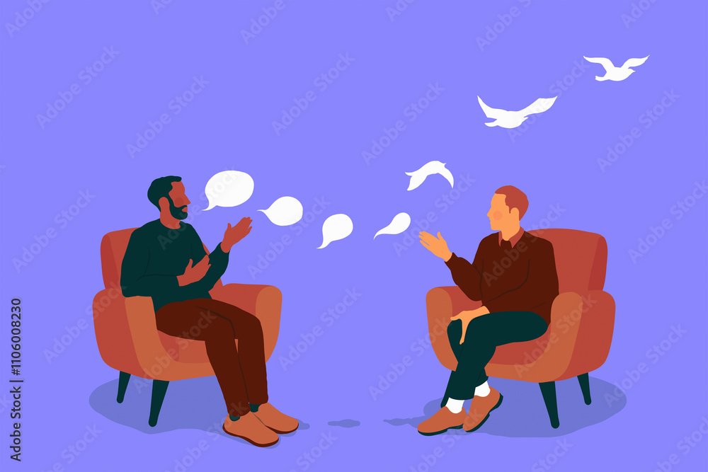 Man’s speech bubbles changing into birds in counselling session