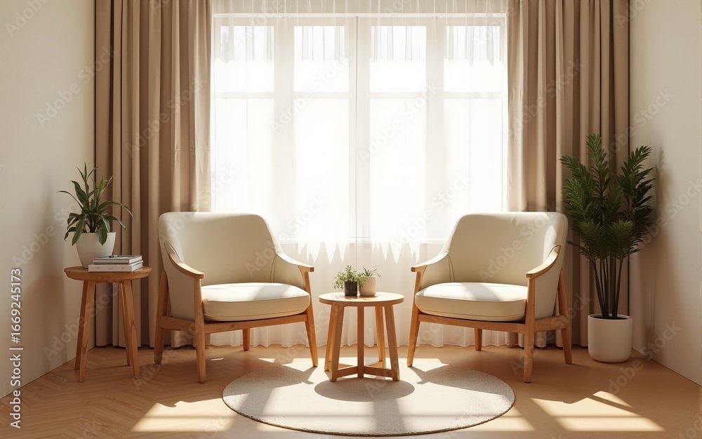 Room therapy counselling room cozy interior minimalist beige wood chairs table curtain warm lighting mental health concept private office wellness clinic waiting meeting template. High quality